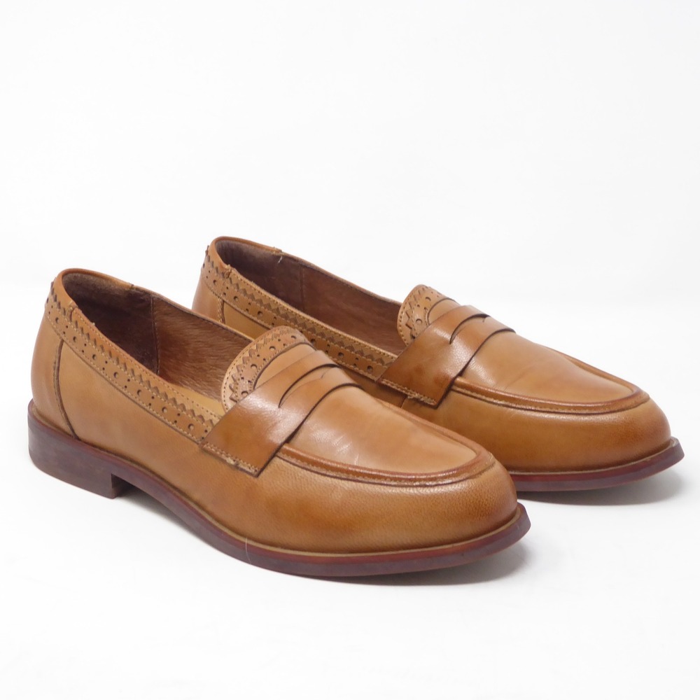 BeauToday Womens Penny Loafers Tan Leather Brogue Detail Slip On Size 6.5
